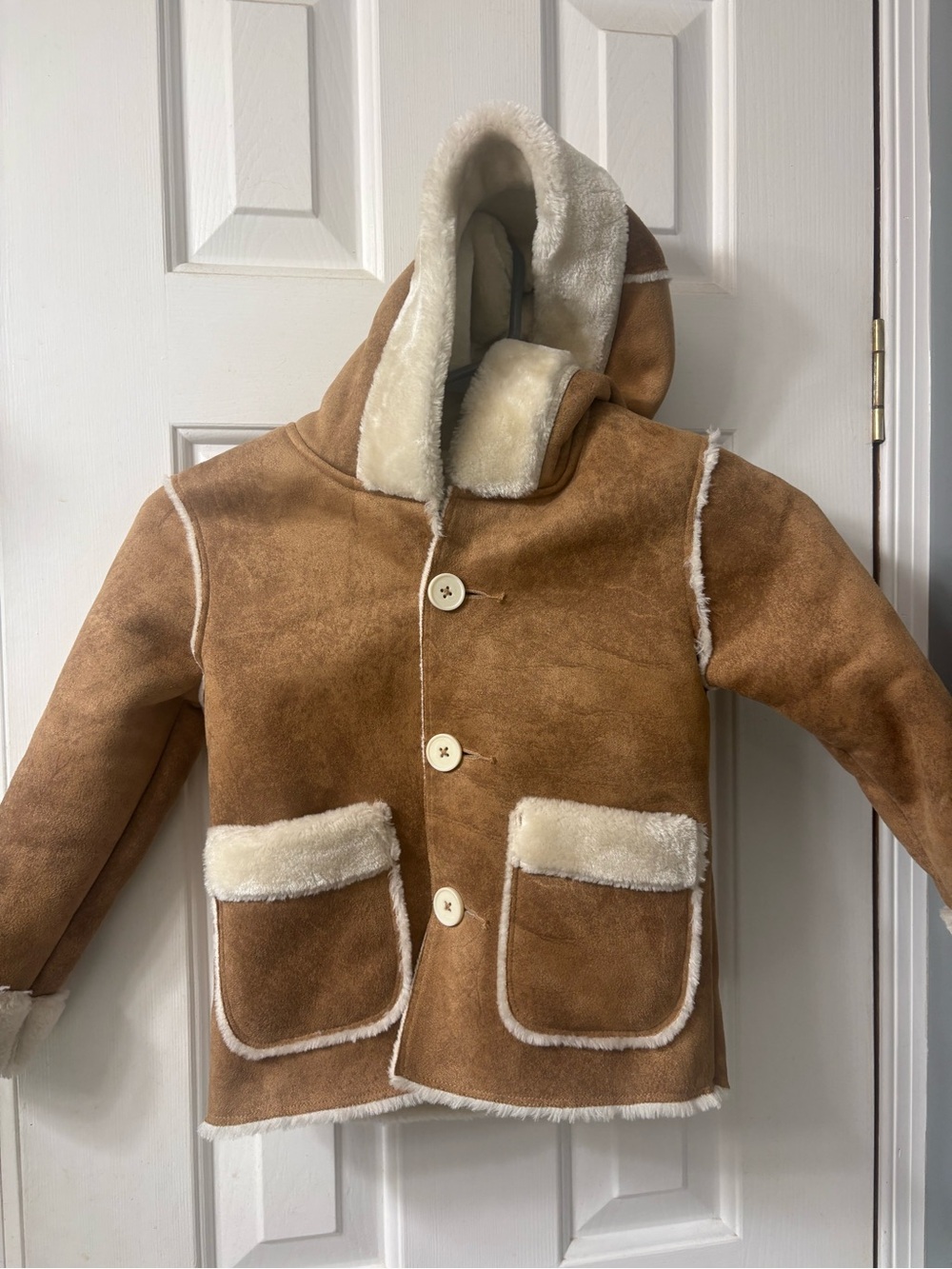 Cat & Jack Tan Faux Suede Hooded Puffer with Cream Trim